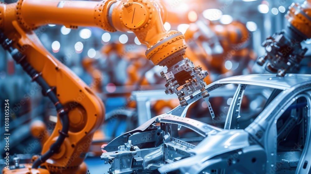 Aufkleber robotic arms are engaged in precise tasks, assembling components of a car in a high-tech manufacturi