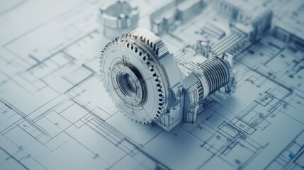 Mechanical Engineering Design Blueprints with 3D Gear Illustration