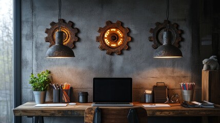 Cozy home office with hanging lights made from repurposed metal gears, illuminating a laptop and stationery on a wooden desk
