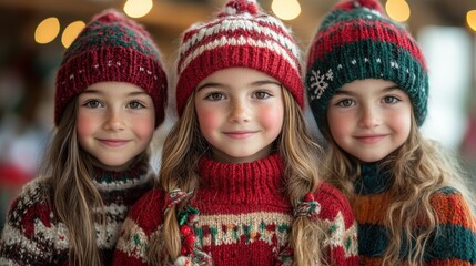 Three Children in Festive Knitwear Smiling Indoors. Christmas Jumper Day