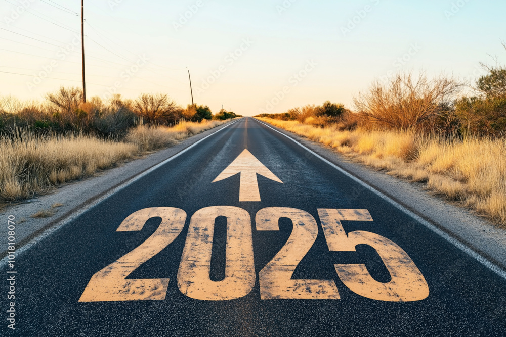 Canvas Prints Deserted road with the number 2025 and an arrow painted on the asphalt, symbolizing heading toward the future. Surrounded by dry vegetation and utility poles during sunset.