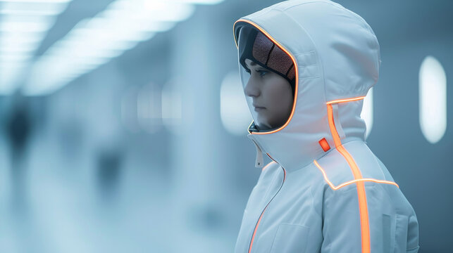 Person wearing smart clothing that monitors body temperature and moisture, featuring advanced sensor technology and responsive fabric. Futuristic apparel designed for health and fitness.