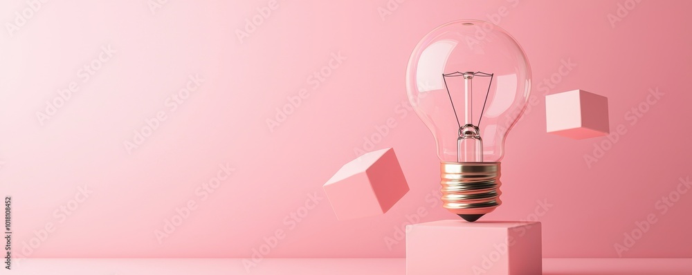 Poster light bulb on a pink background with geometric shapes around it.