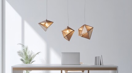 Scrap metal hanging lights with a geometric design, suspended over a minimalist desk on a white background for a modern, eco-conscious vibe.