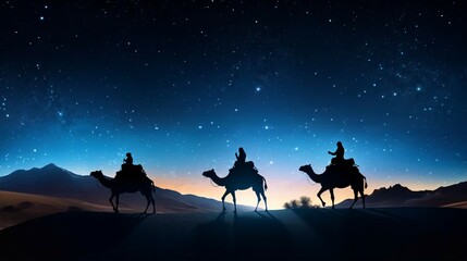 illustration, of camels with the three wise men on their way to the nativity scene