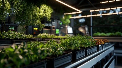 Rows of seedlings growing under artificial light in a hydroponic farm.