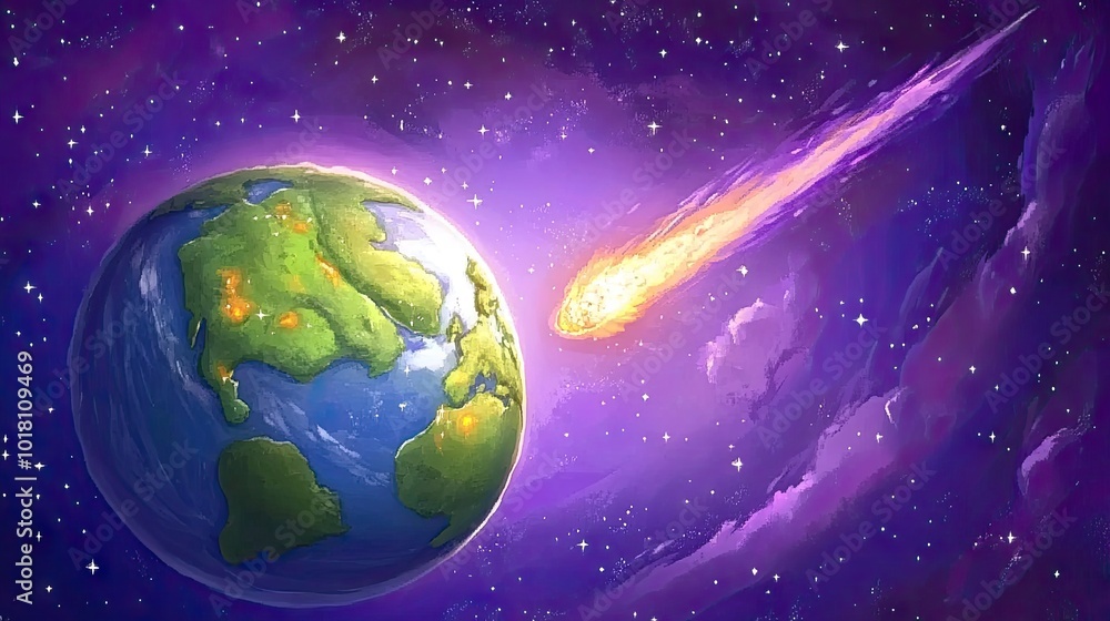 Poster a close-up of a comet passing by earth, with astronomers studying its trajectory using modern instru