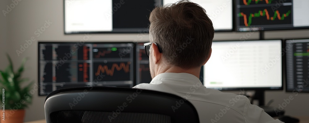 Poster person analyzing stock market data on multiple screens in an office setting.