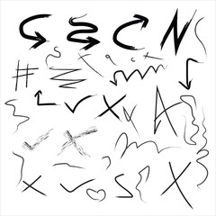 Set of charcoal arrows isolated on white background. Hand drawn chalked pencil doodle symbols. Different black grunge wavy lines, cross, star and check mark freehand vector illustration