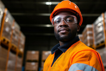 Industrial worker wearing a hardhat and safety glasses is posing in a warehouse, shelves full of goods in the background