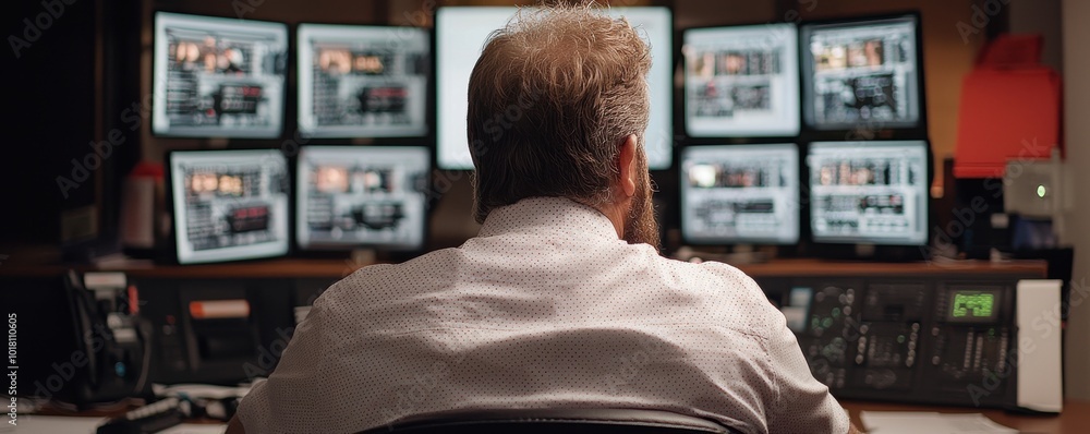 Poster person monitoring multiple screens in a control room environment.