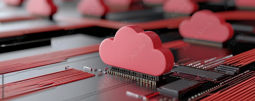 Aufkleber red cloud icons on circuit board, representing cloud computing and technology.