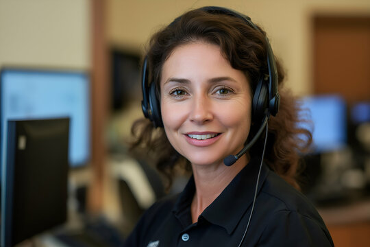 Smiling customer service rep in a busy office, helping clients on the phone with a headset, exuding confidence and friendliness