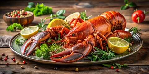 Artfully arranged lobster plate features rich hues and stunning details, ideal for culinary photography. This exquisite display invites appreciation