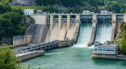 Large dam with flowing water amidst green hills and structures