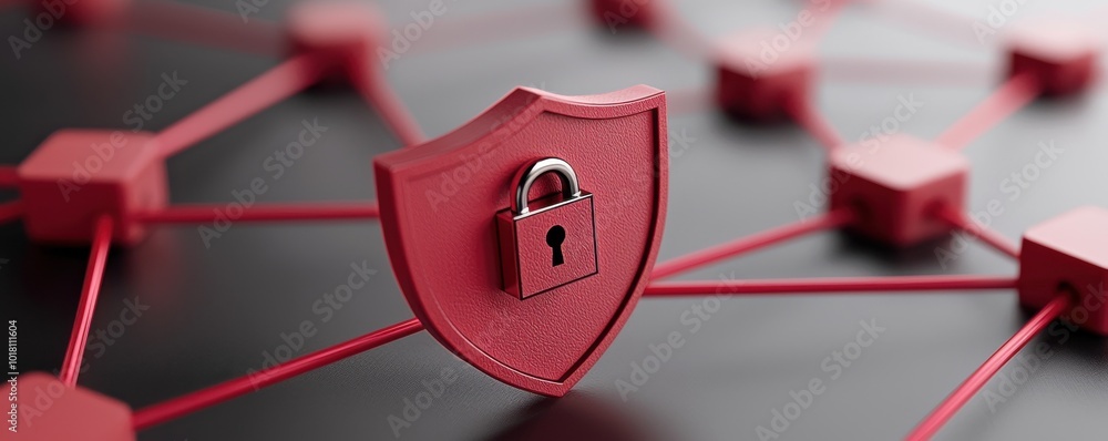 Poster red shield with lock, representing digital security and data protection.