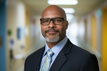 Confident african american hospital administrator in suit and tie exudes professionalism and success in healthcare management