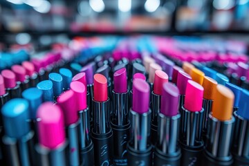 Multiple rows of lipsticks featuring vibrant and varied color tones are displayed attractively, appealing to a wide range of clientele with diverse style preferences.