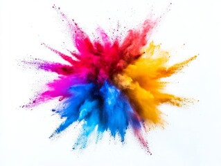 2408 66.A vibrant explosion of colored powder in mid-air, featuring dynamic bursts of red, blue, yellow, and purple. The colorful particles fan out in all directions against a clean white background,