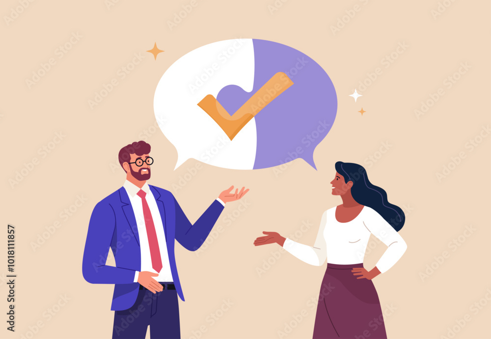 Wall mural business discussion concept. vector cartoon illustration in flat style of man and woman talking to e