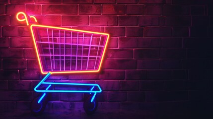 Neon Shopping Cart Sign on Brick Wall Background
