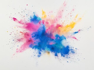 Obraz premium 2408 70.An energetic display of bright colored powders exploding against a white background. The dynamic mixture of blue, pink, and yellow pigments creates a vivid, eye-catching scene, with the