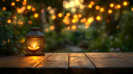 A lantern casts a warm glow in a serene garden setting.