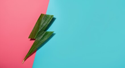 Obraz premium Green leaf shaped like lightning bolt on pink and blue background
