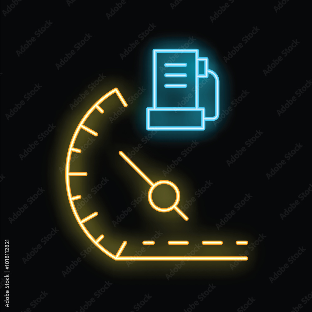 Poster neon speedometer is showing progress of work on document with paperclip on black background