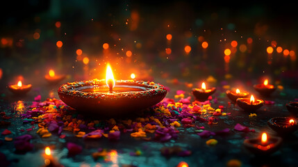 A lit diya surrounded by flowers and candles, symbolizing celebration.