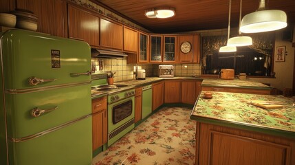 A retro 70s kitchen with avocado green appliances and wooden cabinetry. The countertops have busy