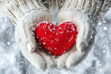 Fototapeta premium Red heart in woman's hands wearing white woolen mittens. Top view snow background. 