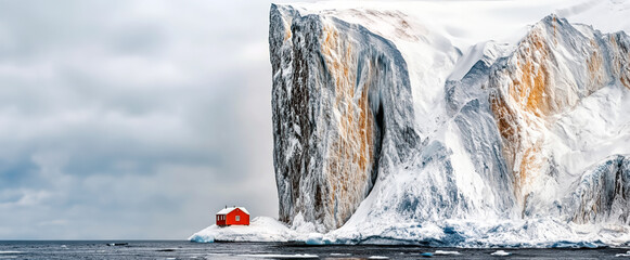 House on the shore of the Ice Cliff. minimalism. concept of climate change and cooling - ice age. melting ice. houses against the backdrop of icy rocks and mountains and the frozen sea.