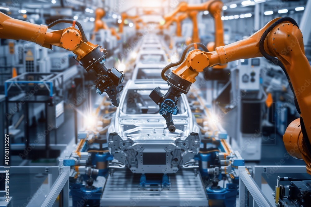 Leinwandbilder highly automated robotic arms are performing precise tasks on a busy car assembly line, enhancing ef