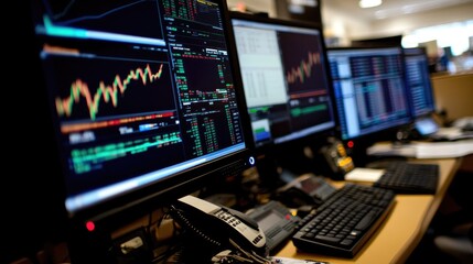 Obraz premium A financial graph displayed on multiple monitors in a trading room, capturing the fast-paced environment of stock trading.