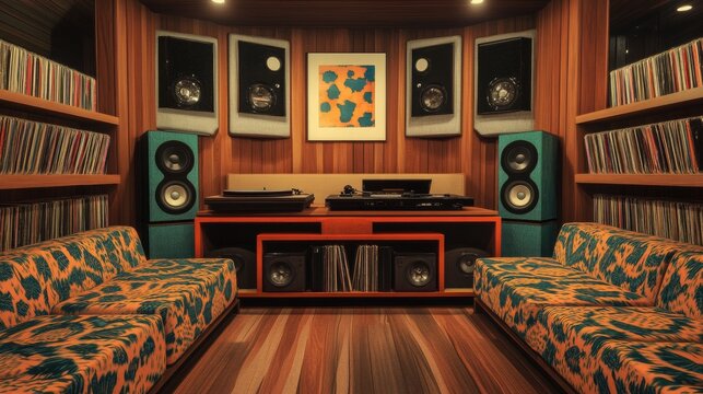 A retro 70s media room with ample vinyl record storage and vintage speakers. The space features a turntable setup and low-rise seating options with psychedelic patterned cushions
