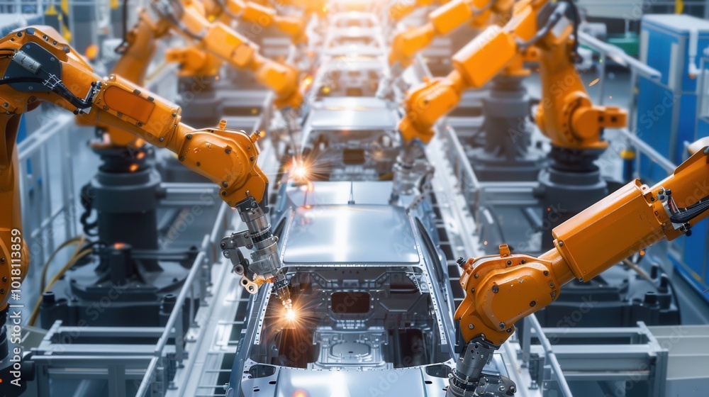 Aufkleber robotic arms work together to assemble vehicles, showcasing advanced technology in an automated prod