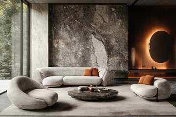 Salon moderne, meuble noble, marbre, architecte
