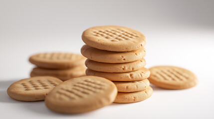 A stack of cookies on a white background. The cookies are all the same size and shape. They are piled on top of each other, creating a visually appealing and appetizing display