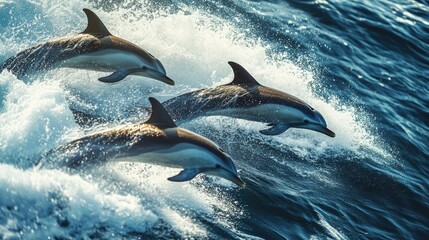 Naklejka premium A group of dolphins swimming alongside a boat, with the waves crashing and the dolphins playfully riding the wake.