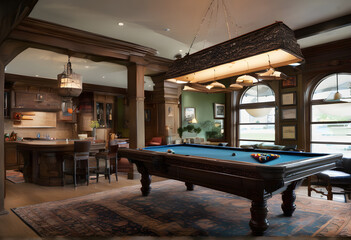 billiards table, sofa, light, cozy,Generative AI