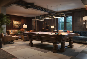 billiards table, sofa, light, cozy,Generative AI