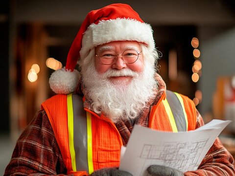 Santa Claus builder holding house blueprints in a Christmas hat and construction uniform