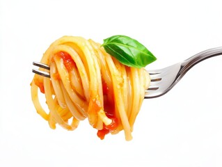 2408 109.A forkful of pasta glistening with tomato sauce, twirled elegantly around a silver fork. A fresh basil leaf adds a burst of green, contrasting with the rich red sauce and the pale pasta, all