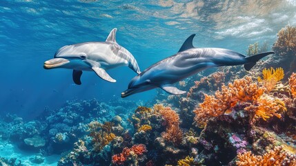Fototapeta premium A peaceful scene of dolphins swimming near a coral reef, with vibrant marine life and colorful corals in the foreground.