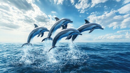 Obraz premium A pod of dolphins leaping out of the ocean in unison against a backdrop of a clear blue sky, capturing their playful nature.