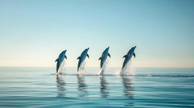 A pod of dolphins leaping out of the ocean in unison against a backdrop of a clear blue sky, capturing their playful nature.