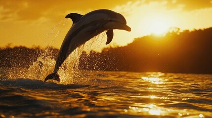 Obraz premium A silhouette of a dolphin jumping out of the water at sunset, with the golden sun casting a warm glow on the scene.