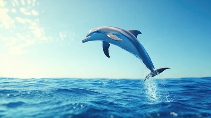 Fototapeta premium A single dolphin jumping high out of the water, with the vast blue ocean and a distant horizon in the background.
