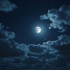 Moonlight illuminates a dark sky, casting a silvery glow on the full moon as it hangs above the vast ocean